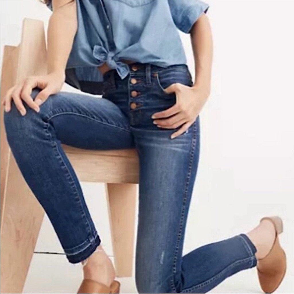 Madewell | Women's Dark Wash Blue 10’ High Rise Skinny Jeans Exposed Button Fly